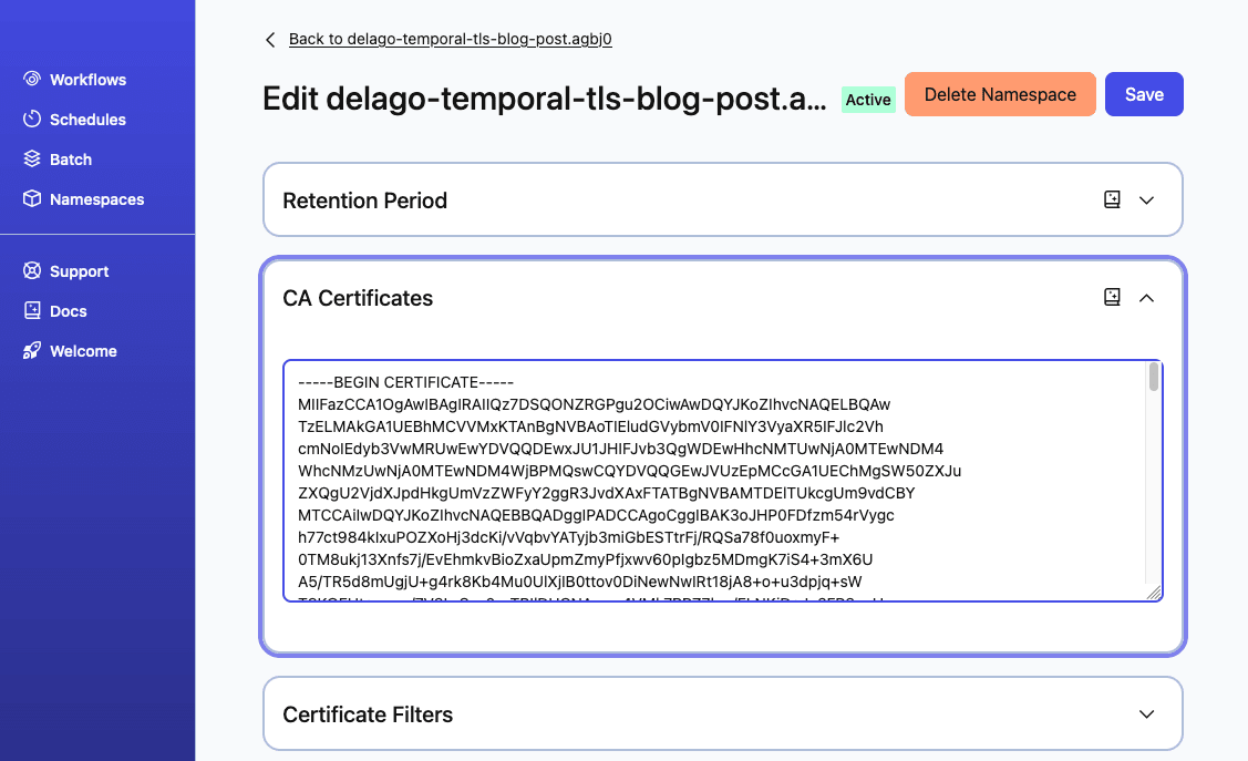 Paste a Certificate Authority cert