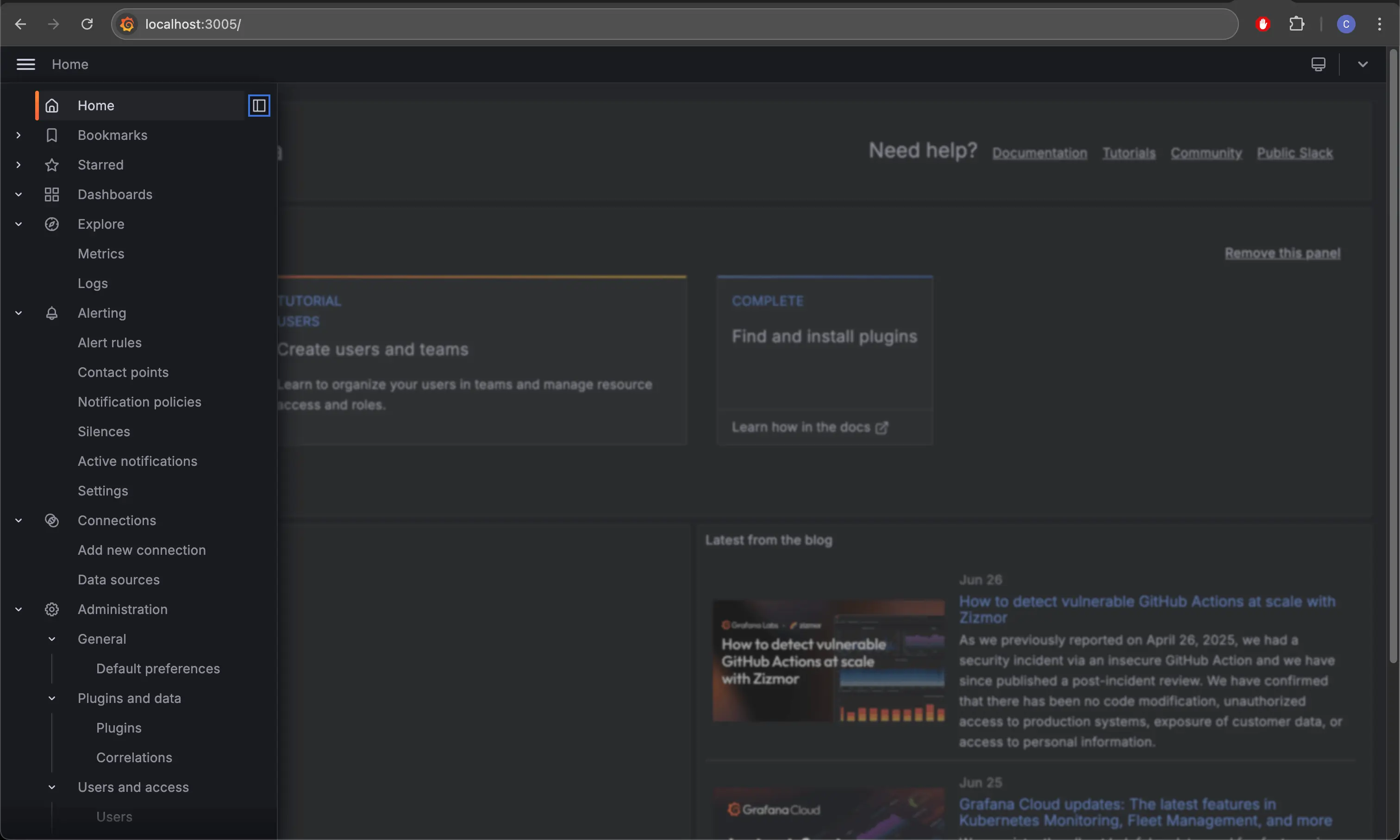 Grafana localhost dashboard menu