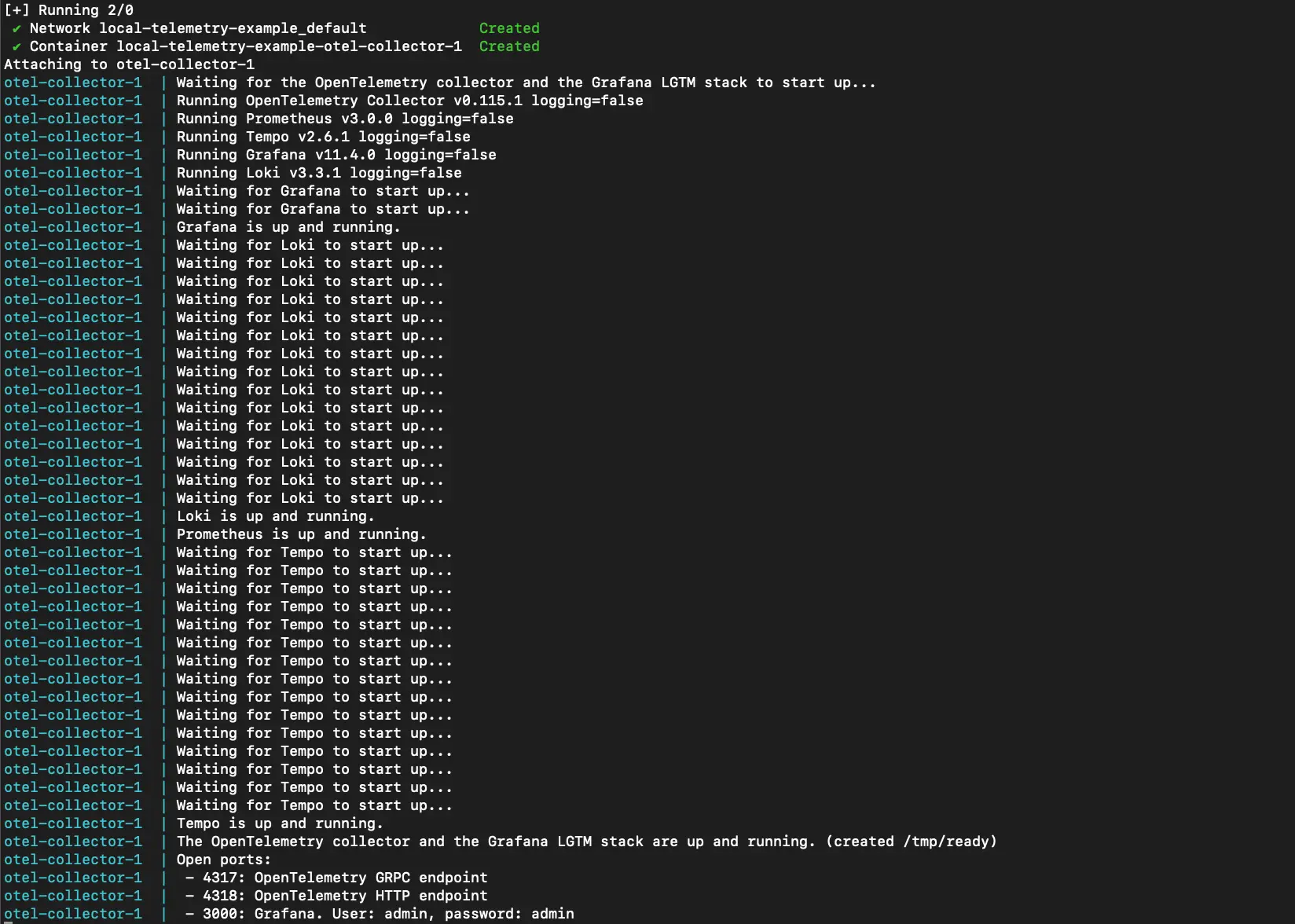 OTel compose startup logs